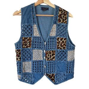 Vintage Life Style Pathwork Woven Chambray Animal Print Vest Womens SIZE SMALL
